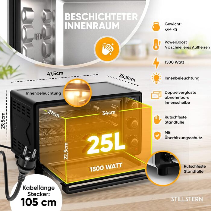 Міні-піч Stillstern CYCLONE PRO+ (25л) з конвекцією: піч-фритюрниця, гриль, тостер, піца, для кемпінгу, з антипригарним покриттям, рецепти, вертушка, 1500W