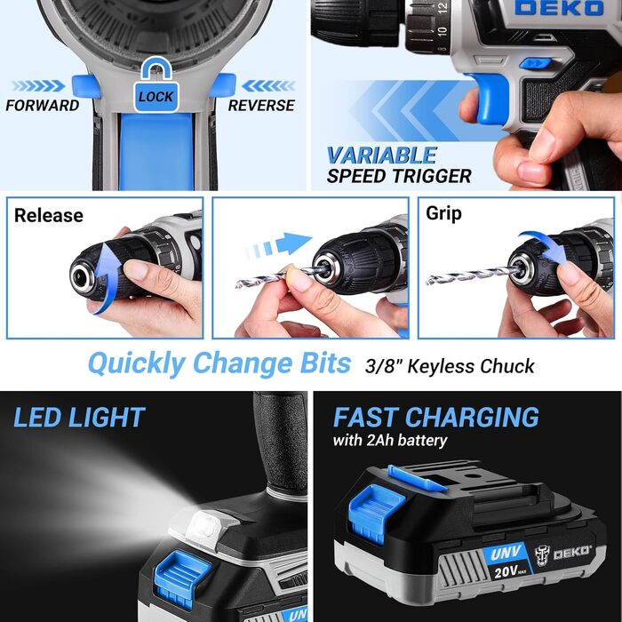 Набір інструментів DEKO 186 шт. з акумуляторною дрилем-шуруповертом 20V (блакитний) для дому та дрібного ремонту