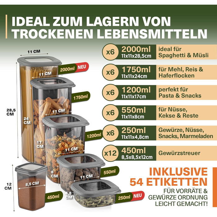 Набори контейнерів для зберігання продуктів з кришкою, 12 шт. BPA-Free, для крупи, борошна, спецій. Практичні органайзери для кухні, герметичні контейнери для харчових продуктів (сірий, 42 шт.)