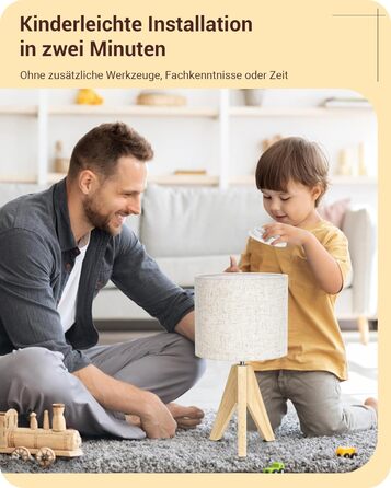 Настільна лампа EDISHINE, 2 шт. у наборі, дерев'яна, з абажуром кольору бежевого льону, цоколь E27, з лампочкою, вінтажний стиль, для спальні, вітальні, подарунок