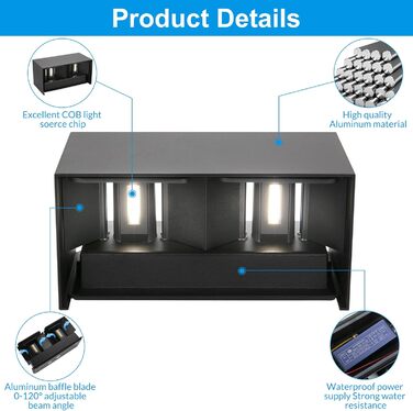 LED вуличні та внутрішні настінні світильники Cwycfw 2 шт. Регульований світловий потік, тепле біле світло 3000K, IP65, чорний колір