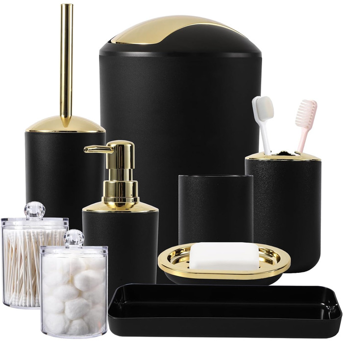 9-Piece Bathroom Accessory Set – Trash Can, Soap Dispenser Set, Soap Dish, Toilet Brush Holder, Toothbrush Holder, Cup, Tray, Cotton Swab Holder, Black and Gold