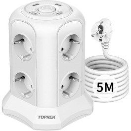 Многорозеткова панель з USB, 8 розеток, з вимикачем, 4000W/16A, захист від перенапруги, 5м кабель, білий
