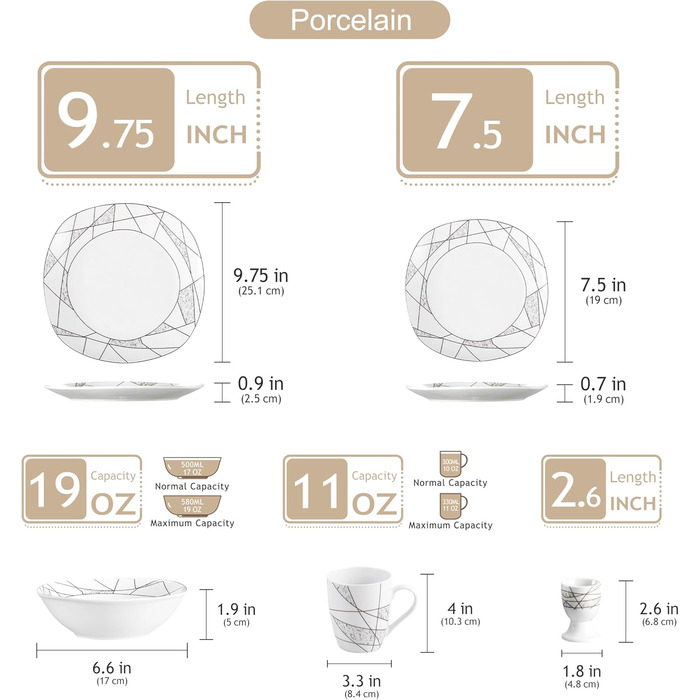 Набір посуду VEWEET 'Serena' з порцеляни, 24 елементи | 6 тарілок для сніданку, десерту, обіду та супу | Сервіз для 6 осіб, ресторану, сім'ї (білий)