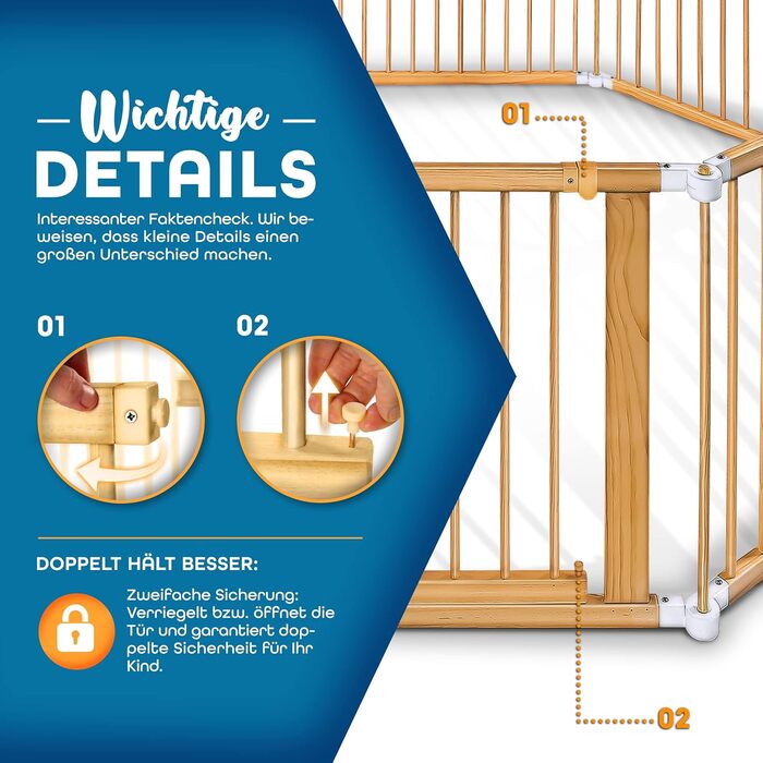 Дитячий манеж KIDUKU® XXL 7,2 м: розкладний, з дверцятами та подвійним замком | 8 елементів, індивідуальна форма, білий/натуральний колір