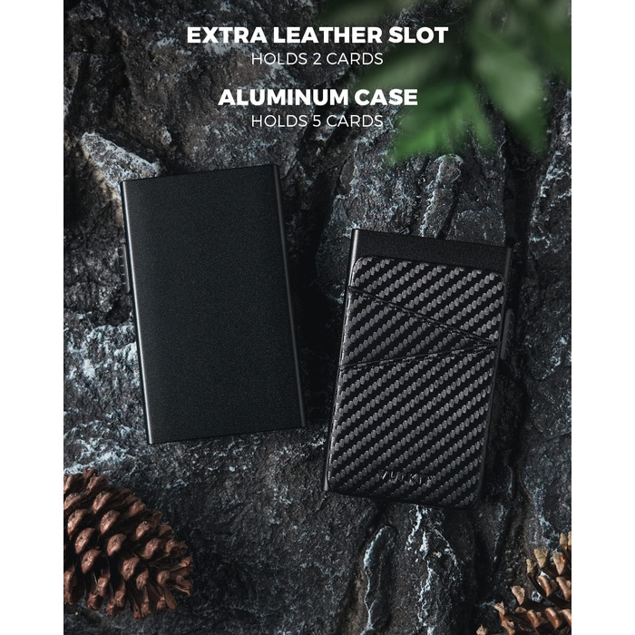 VULKIT: Елегантне картхолдер для чоловіків з металу та шкіри. Автоматичний Pop-Up картхолдер RFID NFC захистом. Місткість: 5-9 карт. Матеріал: шкіра, метал, карбон.