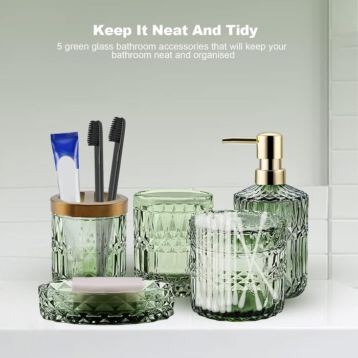 Bathroom Set, 5-Piece Glass Bathroom Accessory Sets including Lotion Dispenser, Soap Dish, Toothbrush Holder, Cup, Cotton Swabs, Modern Bathroom Decoration, Vintage Gift, Bathroom Decor Set (Green)