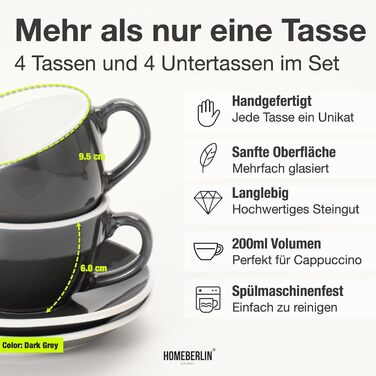 Набір кавових чашок Barista Pro Cappuccino 200мл - 4 шт. Преміум якість, ручна робота, з підставками, сірий глазурований steingut