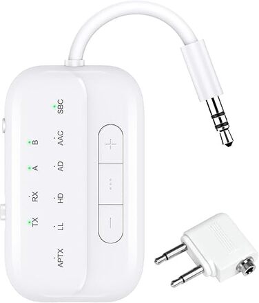 Bluetooth 5.4 адаптер-трансмітер та ресивер 2-в-1 Pro 2026, бездротовий аудіо-адаптер для ТБ, ПК, авто та літака, підтримка 2 навушників, AUX, білий