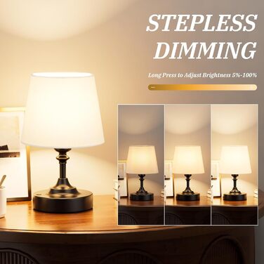 LED настільна лампа бездротова з торшером з льону, сенсорне керування, регулювання яскравості, білий колір, USB-C, для спальні, вітальні, кухні, декор (латунь), 40см, 24см