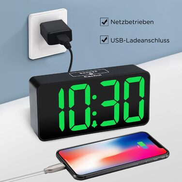 LED-годинник Eachui з USB-зарядкою, великий дисплей, регулювання яскравості та гучності, повтор, 12/24 год, цифровий годинник, живлення від мережі (чорний & білий)