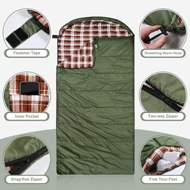 Спальний мішок Baumwoll-Flanell для дорослих: легкий, водонепроникний, 100% бавовна, для кемпінгу, подорожей та відпочинку