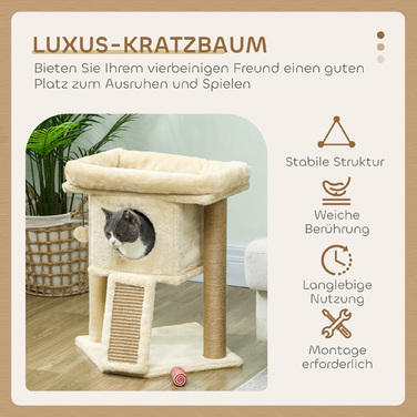 PawHut Cat Tree with Jute Scratching Mat, Lounging Platform, Play Ball, Cat House, Beige, 40 x 40 x 57 cm
