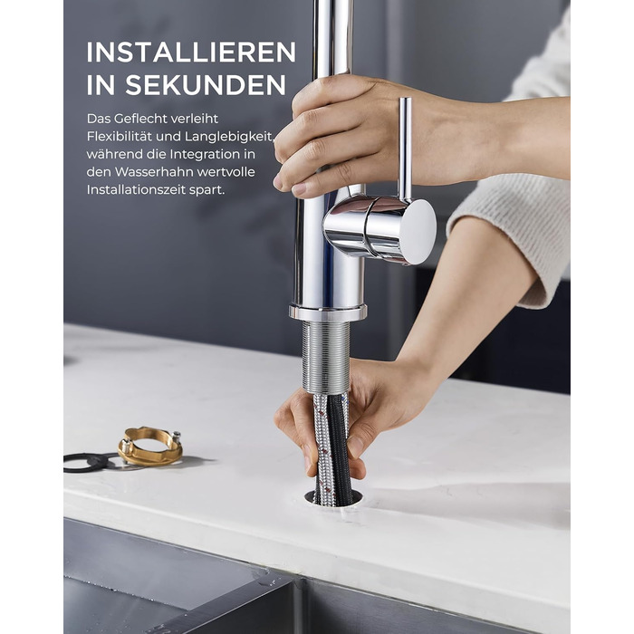 Змішувач для кухні FORIOUS висувний з душем, кухонний, L-подібний, 360° поворот, 2 режими, полірований хром