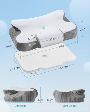 Подушка SONGMICS ергономічна з Memory Foam для сну (біла/сіра), регульована висота, для бокового, спинного та переднього положення