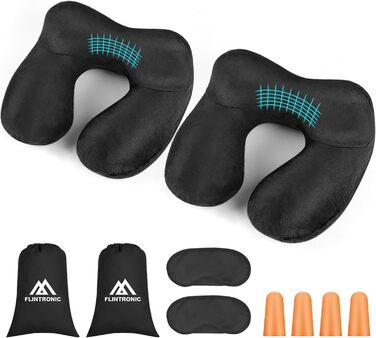 Надувна подушка для шиї Flintronic - ергономічна підтримка голови та шиї, з м'яким знімним чохлом, для подорожей та кемпінгу (темно-сіра)