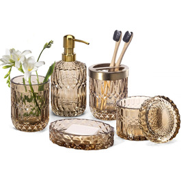 EMPO 6-Piece Clear Glass Bathroom Accessories Set (Lotion-Soap Dispenser, Soap Dish, Toothbrush Holder, Cup, Cotton Swab Holder), Modern Decoration, Crystal Vintage Gift (Oceanente) (6 Pieces Brown)