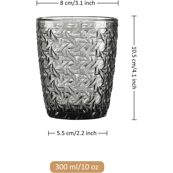 Joeyan 300 ml Gray Water Glasses with Embossed Design, Modern Drinking Glasses Juice Glasses Tumblers, Dishwasher-Safe Glasses Set of 6