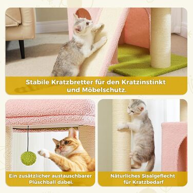 PETEPELA Scratching Post with Dual Condos for Apartment Cats, All-in-One Cat House with Padded Perch, Scratch Ramp and Posts, and Replaceable Balls (Pink, L 113cm)