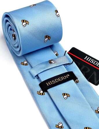 HISDERN Комплект краватки та нагрудного хустинки з принтом тварин (Бджола, блакитний) для весілля та ділових зустрічей