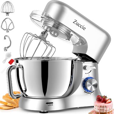 Stand Mixer, Zuccie Stand Mixer Quiet Stirring Mixer including 5L Stainless Steel Bowl, 3 Mixing Tools, Splash Guard, Dough Scraper, and Egg Separator, 8+P Speed Dough Mixer Silver