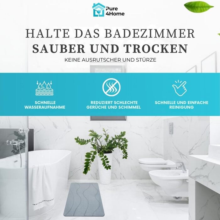 Діатомітовий килимок для ванної Pure 4Home Kieselgur 60x40 см, швидкосохнучий та антибактеріальний, ковзаннястійкий, сірий (Waves Gray)