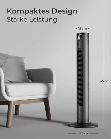 Турбовентилятор CoolHome CF2206 з пульт керування: тихий, з таймером, безпечний для дітей, 96 см (чорний)