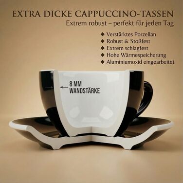 Набір з 6 еспресо-чашок | Хром | Італійський стиль | Dickwandig & Schwer | Еспресо-набір 6 шт. з підставками - подарунковий (200 мл, Чорний та білий)