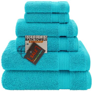 Набір махрових рушників American Bath Towels з 100% бавовни, 6 предметів, ультрам'які та гігроскопічні, колір аквамарин (2 банні, 2 для рук, 2 для обличчя)