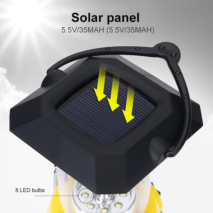 VGEBY LED Camping Lantern, 8 LED Solar Crank Lantern Hand Crank Lantern Rechargeable Solar Lantern With AM/FM Radio FOR Camping, Storms, Power Outages, Hiking, Walking, Festivals, Caravans