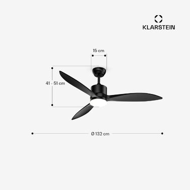 Стельовий вентилятор Klarstein SkyBreeze з підсвічуванням та дистанційним керуванням для вулиці (IP44), 6 швидкостей, димування, 132 см, чорний, Smart