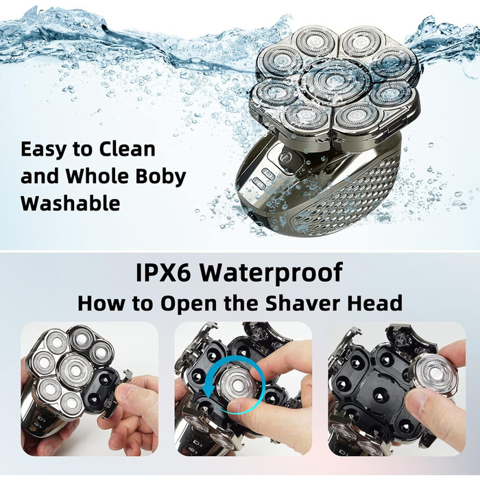 Електричний гоління для чоловіків Glatzen, IPX7 водонепроникний, 9D гнучкий плаваючий головний блок, для мокрого та сухого гоління, LED-дисплей, 120 хвилин роботи від акумулятора, 6-в-1 набір для догляду (9D)