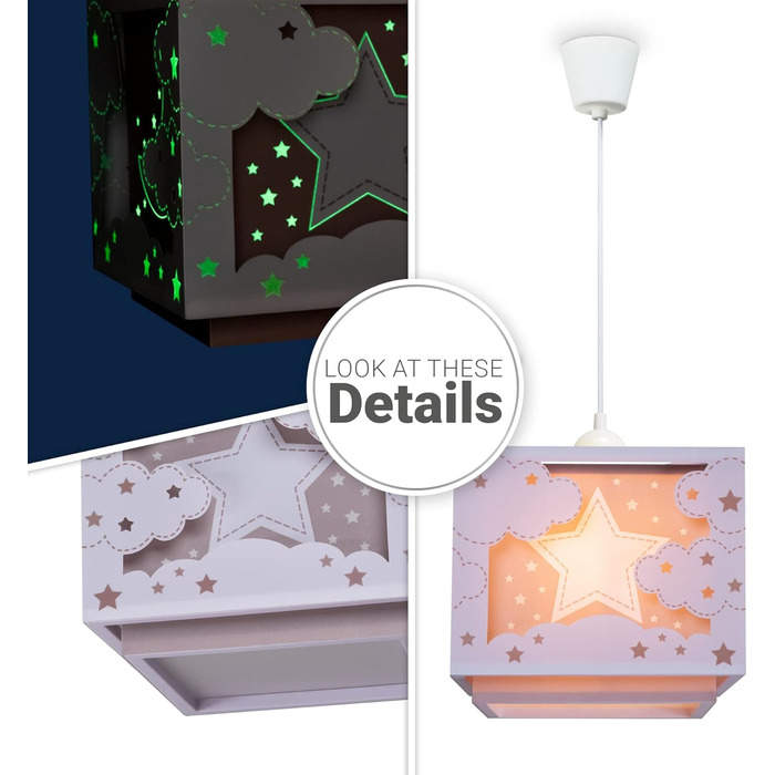 Paco Home Hanging Lamp Children's Room Ceiling Lamp Pendant Light Lampshade Fabric E27 Lion Jungle Glow-in-the-Dark (Star, Pink)