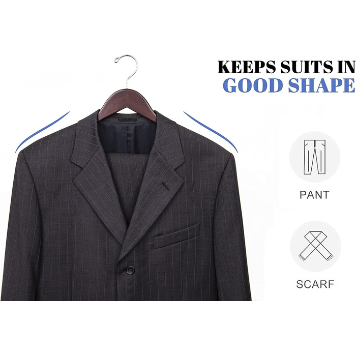 Дерев'яні вішалки для одягу Amber Home, 20 шт., масивна деревина волоського горіха, гладка поверхня, з перекладиною для штанів, поворотний гачок та виступи для куртки, штанів, сорочок (Волоський горіх, 20)