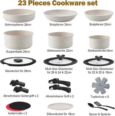 Набір посуду ROSSETTO 23 предмета з знімними ручками та керамічним антипригарним покриттям, складається для зберігання. Включає: каструлі, сковорідки, сотейники, казани. Без PFOA та PFOS.