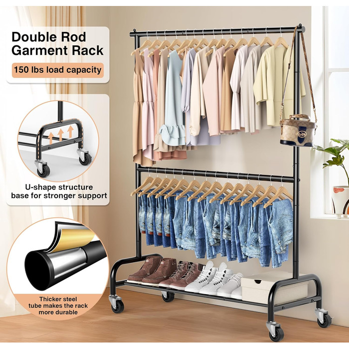MISSLO Heavy-Duty Clothes Rack Double, Metal Clothes Rod on Wheels Stable Mobile Coat Rack for Coats, Shirts (White) (Black)