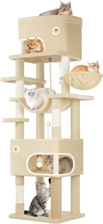 Драбина-кіготь для котів Hzuaneri, 203 см, з великою платформою, 2 печери, 7 кігтеточок, помпони, лежанки, гамак, для всіх порід котів, бежевий MS20318YL XXL (60 x 50 x 203 см)