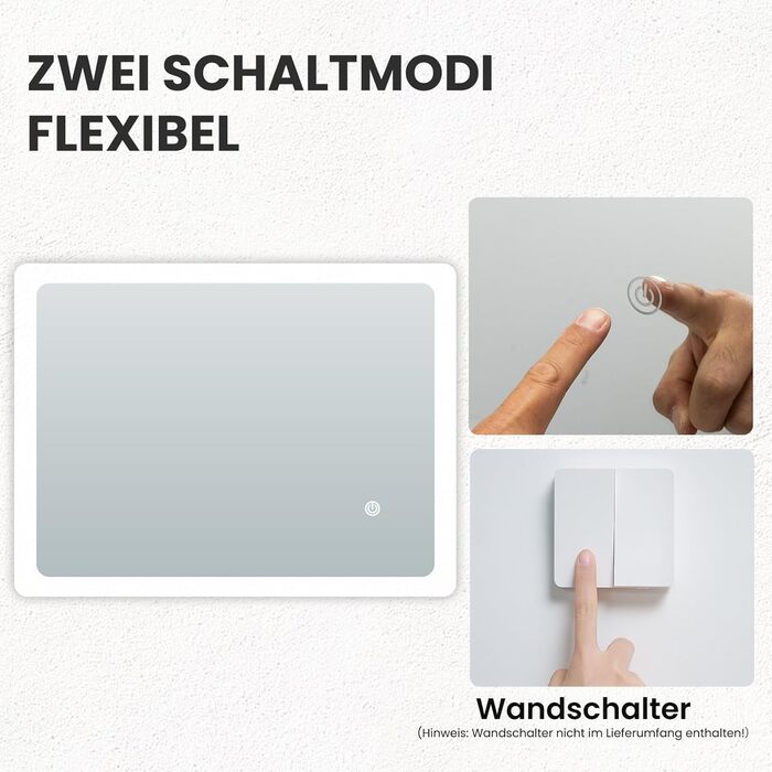 LED дзеркало для ванної кімнати з підсвічуванням 70x50 см, холодне біле світло 6000K, енергозберігаюче, настінне
