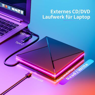 Зовнішній CD/DVD привід USB 3.0 та USB-C, оптичний накопичувач CD/DVD +/-RW ROM Brenner з RGB підсвіткою для ноутбука, ПК, MacBook, Windows та MacOS