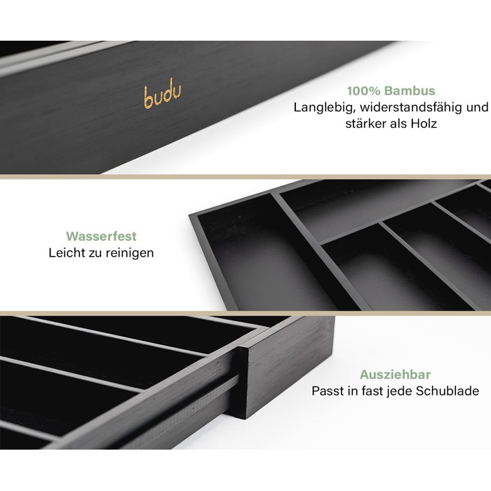 Органайзер для кухонних шухляд Besteckkasten #47 (глибина 47 см) з бамбука - чорний, висувний, для порядку в кухні
