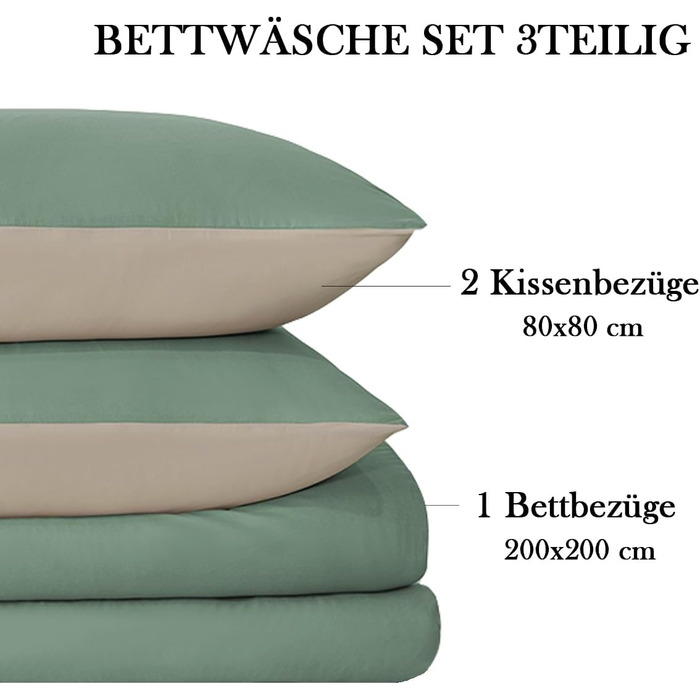 Комплект постільної білизни 135x200 4 частини з мікрофібри, двостороння, м'яка та практична, з блискавкою (135x200, 80x80) - Пастельно-зелений/Теплий бежевий