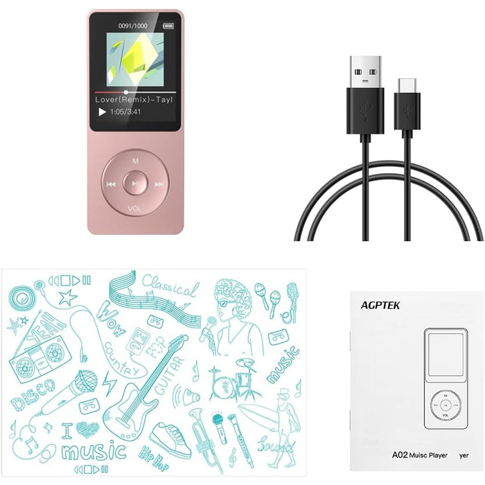 MP3 плеєр AGPTEK A02 8GB Rosegold - 70 годин відтворення, 1.8