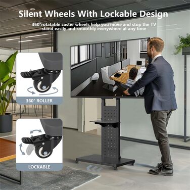 Підставка для телевізора Unho на коліщатках, поворотна 90°, регульована по висоті, з 2 полицями, для телевізорів 32-65