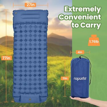 ROPODA Self-Inflating Camping Mat with Pillow & Foot Pump - Lightweight Waterproof Sleeping Pad for Outdoor, Camping & Hiking