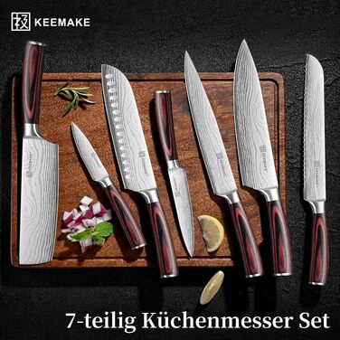 Професійний набір кухонних ножів KEEMAKE (5 предметів) з японської сталі та руків'я з паккавуду: Сантоку, ніж для хліба та аксесуари в подарунковій коробці