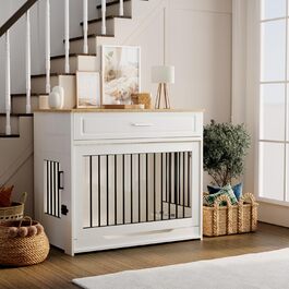 DAWNYIELD Wooden Dog Crate Furniture with Top Opening Door and Drawer - Stylish Indoor Dog Kennel End Table with 360° Swivel Dog Bowl - White