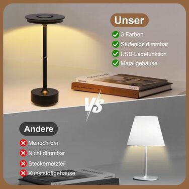 Бездротова LED-лампа Rosnek для столу з регулюванням кольору та димуванням, акумуляторна, з USB-C, стильна металева лампа (чорна)