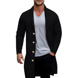 Чоловічий кардиган з довгими рукавами, в'язаний з крупною в'язкою, з ґудзиками, теплий, чорний. Ідеальний для осені та зими