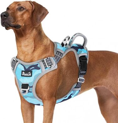 Шлейка для собак великих порід, анти-тяга, з 2 карабінами та зручною ручкою, регульована та світловідбиваюча, для щоденних тренувань (L), камуфляжний колір