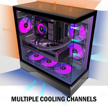 Ігровий корпус для ПК ANSAITE ATX Mid-Tower, 6 ARGB PWM вентиляторів, панорамне загартоване скло, USB Type-C, підтримка радіатора 360мм, чорний/фіолетовий